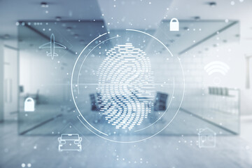 Multi exposure of virtual graphic fingerprint sketch on a modern furnished classroom background, fingerprint scan data concept
