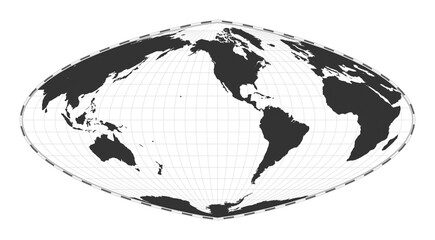 Vector world map. Boggs eumorphic projection. Plain world geographical map with latitude and longitude lines. Centered to 120deg E longitude. Vector illustration.