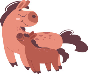 Cute cartoon mom and baby horses flat icon Funny animals
