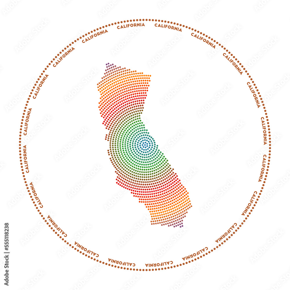 Poster california round logo. digital style shape of california in dotted circle with us state name. tech i