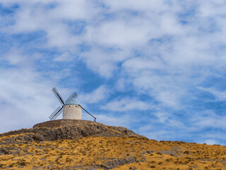 Windmills in the town of Consuegra de Toledo on a summer afternoon.