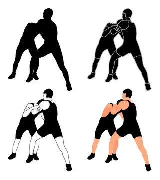 Set silhouettes athletes wrestlers in wrestling, duel, fight. Greco Roman, freestyle, classical wrestling. Martial art