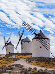 Windmills in the town of Consuegra de Toledo on a summer afternoon.