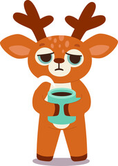 Sad cute cartoon christmas reindeer with hot drink flat icon