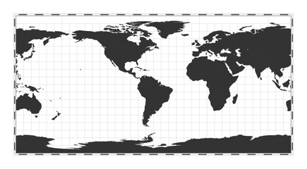 Vector world map. Equirectangular (plate carree) projection. Plain world geographical map with latitude and longitude lines. Centered to 60deg E longitude. Vector illustration.