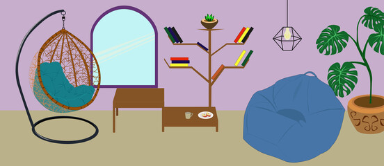 Living room interior. Comfortable sofa, window, armchair and indoor plants, bookshelves. Vector flat illustration