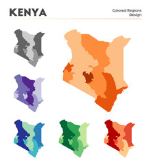 Kenya map collection. Borders of Kenya for your infographic. Colored country regions. Vector illustration.