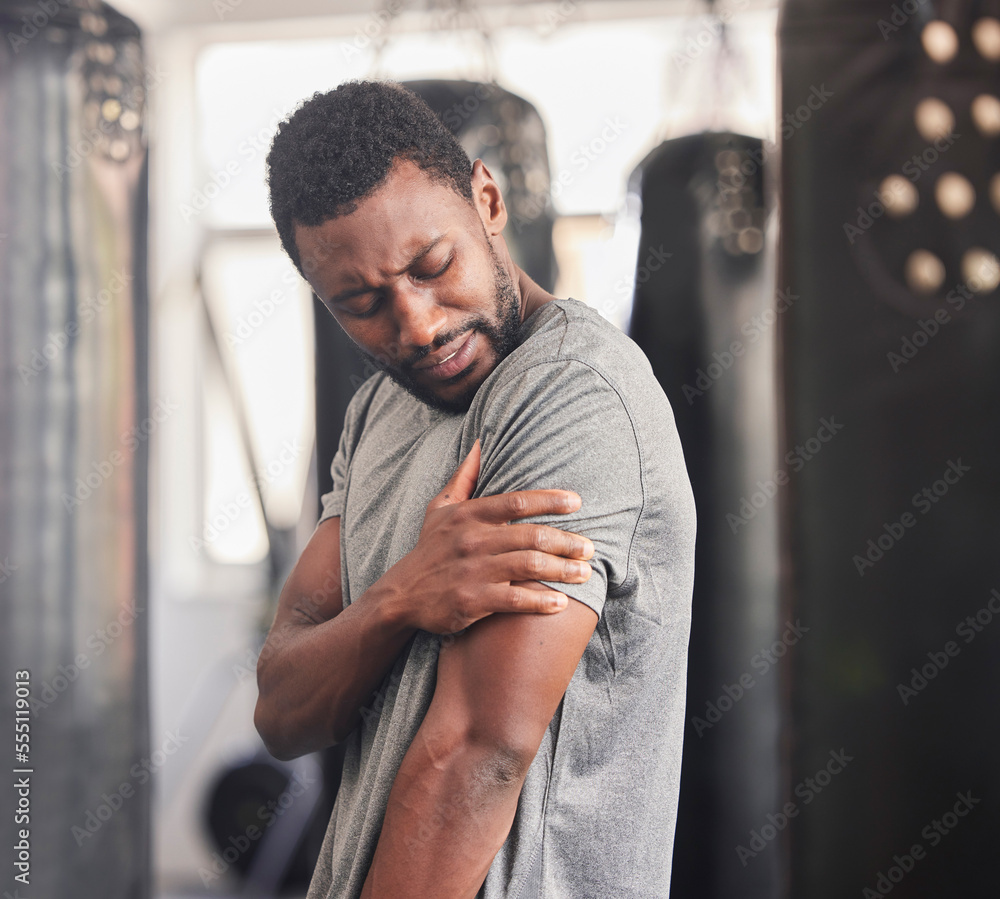 Poster Arm pain, man and fitness injury at gym for training, exercise and morning cardio session. Shoulder ache, guy and muscle mistake after health, body and physical workout with arthritis or inflammation