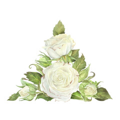 Triangular composition of white roses, buds and leaves. Watercolor botanical illustration. Isolated on a white background. For design of greeting card, wedding invitation, packaging of cosmetics