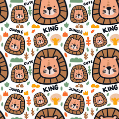 Cute little lion with forest objects doodle illustration seamless pattern