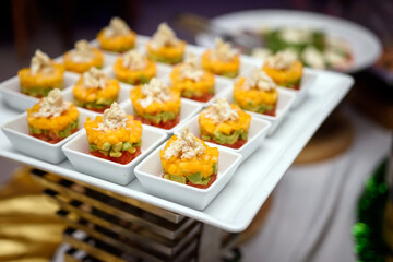 Close-up of appetizer salmon mango and avocado on a white plate