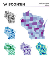 Wisconsin map collection. Borders of Wisconsin for your infographic. Colored us state regions. Vector illustration.
