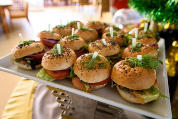 Close-up of appetizer snacks mini burgers on a white plate