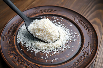 Coconut flakes separately, raw on a clay plate and spoon