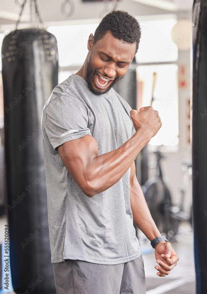 Sticker Fitness, gym and excited black man with muscle after workout, bodybuilder training and boxing exercise. Sports, power and strong male athlete flex biceps for muscular body, goals and achievement