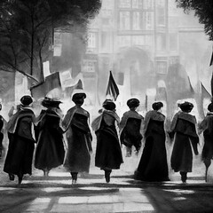 Suffragette March Women's Rights Group Black White Organised Rally Demonstration Abstract Generative AI Tools Technology illustration - 555120001
