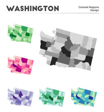 Washington map collection. Borders of Washington for your infographic. Colored us state regions. Vector illustration.