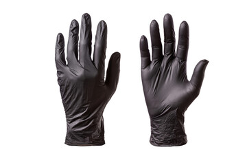 Black gloves worn on the hands, the outer and inner sides of the hands, isolated on white background, closeup