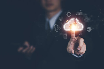 Cloud computing technology concept with businessman. Big data analytics and business intelligence concept with chart and graph icons on a digital screen interface.