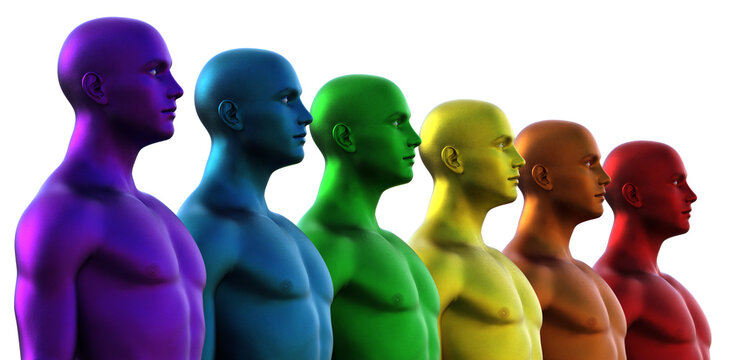 3D rendering. Row of multicolored bald men on white background. 