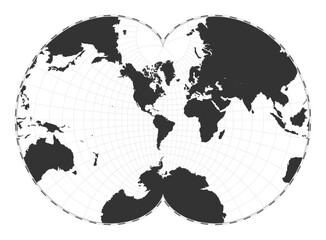 Vector world map. August's epicycloidal conformal projection. Plain world geographical map with latitude and longitude lines. Centered to 60deg E longitude. Vector illustration.