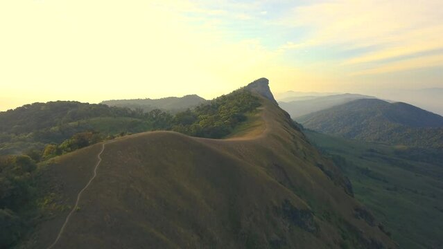 Aerial View. Flying over the high mountains, name Doi Mon Jong with beautiful sunset time in Chiang mai, Thailand.