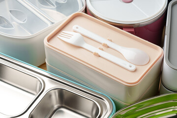 Many plastic food containers in a shop for background