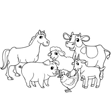 Animal farm coloring page vector illustration isolated on white background.