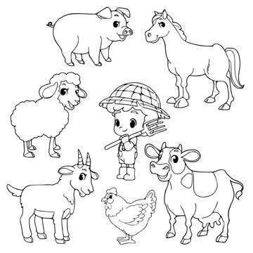 Farmer and animal farm coloring pages vector illustration isolated on white background.