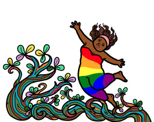 Fototapeta premium Happy black African lesbian woman in nature plants landscape. Health and wellness for gay pride lgbtq.