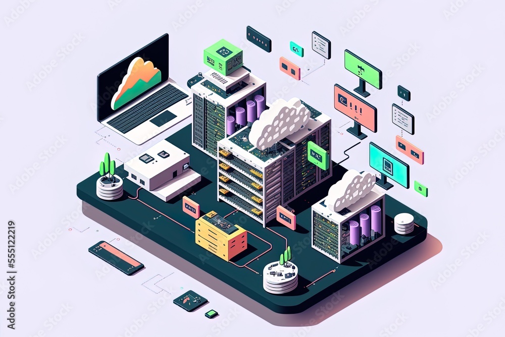 Poster isolated illustration depicting the isometric notion of a data cloud service, including a hosting se