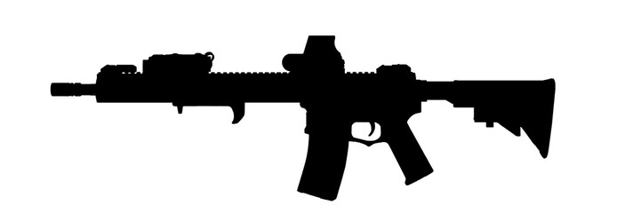 Silhouette image of ar assault rifle weapon with front grip and red dot sign isolated on white background
