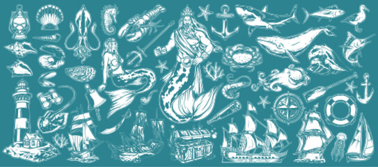 Fototapeta premium Underwater marine set monochrome elements