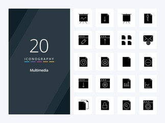 20 Multimedia Solid Glyph icon for presentation. Vector icons illustration