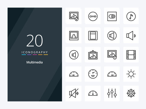 20 Multimedia Outline icon for presentation. Vector Line icons illustration