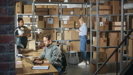 Establishing Shot of Multicultural Team of Warehouse Workers at Work in Internet Shop's Storeroom....