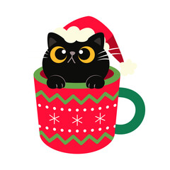 Cute black cat on Christmas mug illustration. PNG