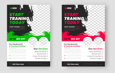 Fitness gym flyer template with black, red and green color, gym, Workout, fitness and Sports flyer. fitness gym brush vector business flyer design with unique shape. brush flyer vector design template