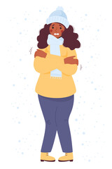 Woman ethnic black freezing wearing winter clothes shivering under snow. Cartoon flat vector illustration. Concept Winter season and suffering of low degrees temperature