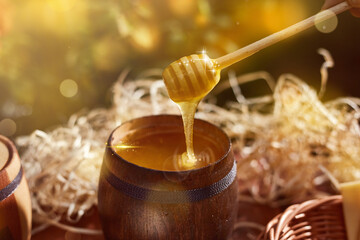 a jar of sweet honey in a bucket on a wooden table in the garden with flowers for breakfast...