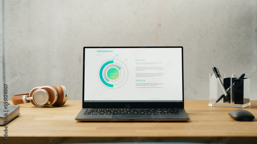 Aufkleber Laptop Computer with Software Platform Screen Display Standing on a Desk. Efficiently Minimalistic Design of Modern Office Space. Business,Key Goals for Business Quarter, Presentations with Statistics