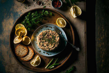 close-up shot of a plate of salmon rillettes, the warm orange of the cooked fish contrasting against the green of the herbs sprinkled atop. The light from the overhead lamp casts a golden hue