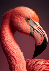 Portrait of a pink flamingo against a pink background. Generitive ai