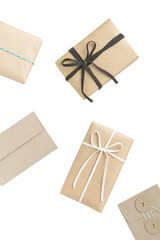 Presents wrapped in randomly placed kraft paper
