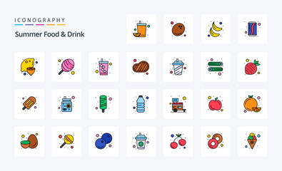25 Summer Food & Drink Line Filled Style icon pack. Vector iconography illustration