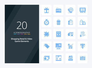 Fototapeta na wymiar 20 Shoping Retail And Video Game Elements Blue Color icon for presentation. Vector icons illustration