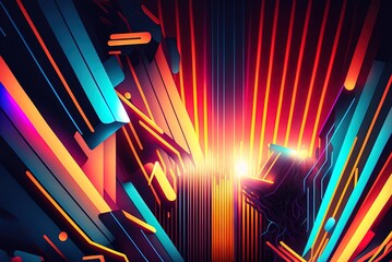 Three dimensional image of an abstract colorful scene with glowing lines and neon rays. Generative AI