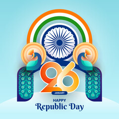 India Republic Day background or artwork with peacock and indian flag and ashoka chakra for social media post banner