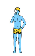 虫メガネをのぞくトラ柄パンツをはいた青鬼の男性、伝統行事、節分