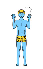 驚いて手を上げるトラ柄パンツをはいた青鬼の男性、伝統行事、節分